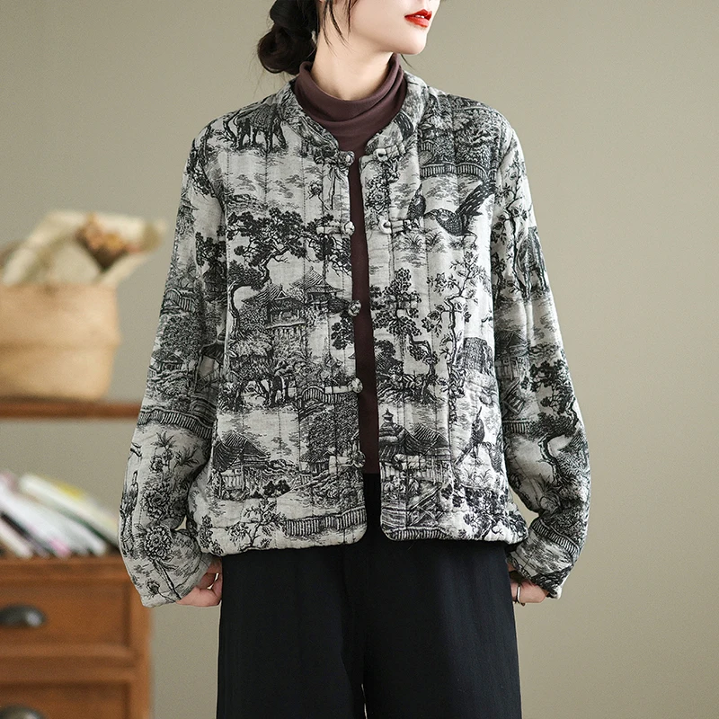 

Элитная модная утепленная хлопковая куртка в стиле ретро с пуговицами, художественная, больших размеров, в традиционном дзен-стиле, зимняя верхняя одежда/пальто