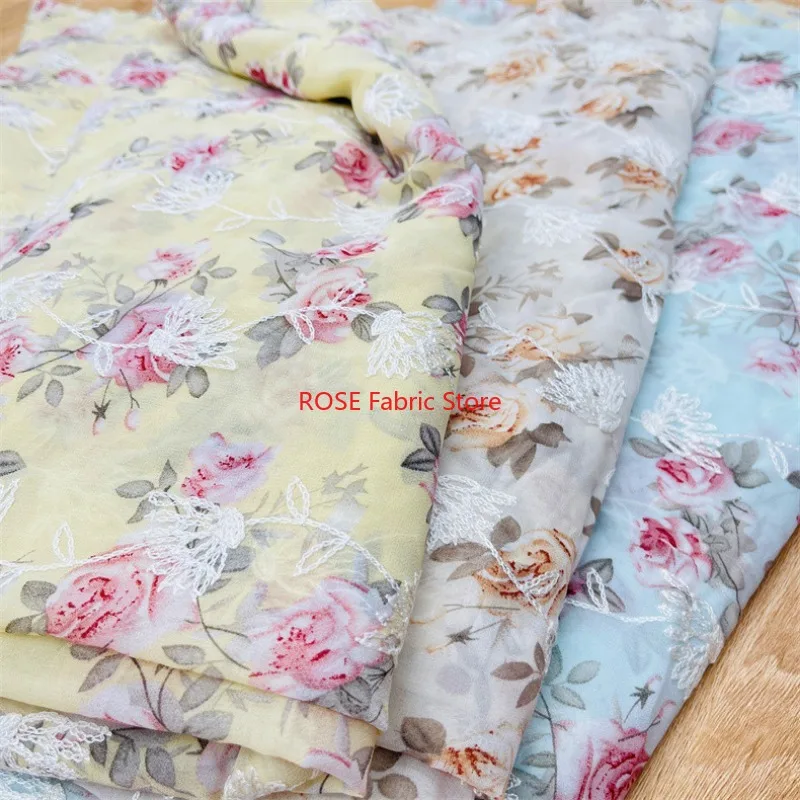 Digital Printed Chiffon Fabric with Lace Embroidery for DIY Women Dress and Formal Gown Making By The Yard
