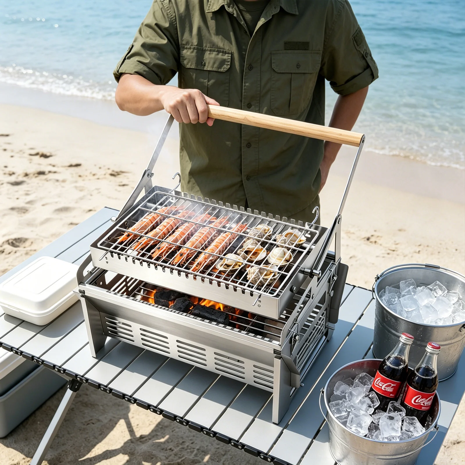 Barbecue Grill, 360° Rotating Barbecue Grill, Stainless Steel Flipping Barbecue Grill, Detachable Portable Charcoal Barbecue Grill for Camping Picnic Yard Party