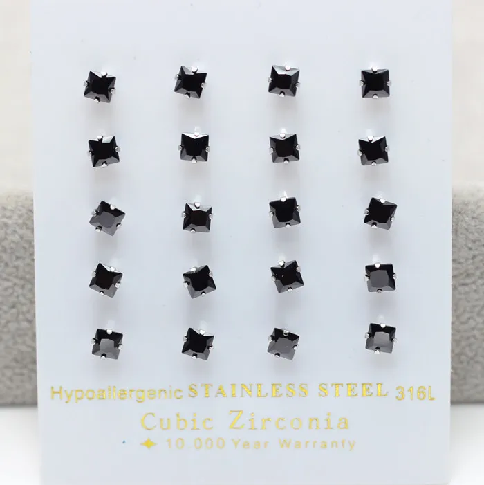 LUXUSTEEL 10Pairs/Card Earrings for Women Men Black Square Cubic Zirconia Stud Earrings Brinco Mujer Party Wholesale Jewelry