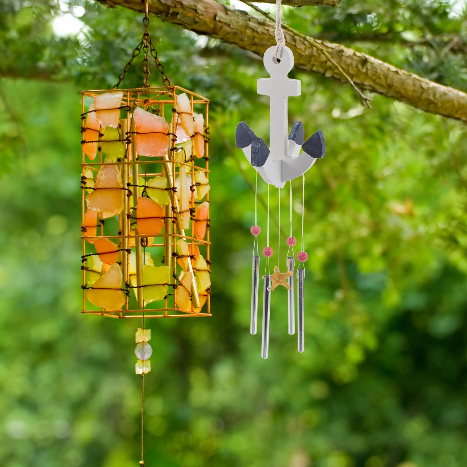 

Mediterranean Wooden Anchor Wind Chime Beach Wind Chime Nautical Metal Tube Hanging Ornament Coastal Wall Decor Bathroom Outdoor