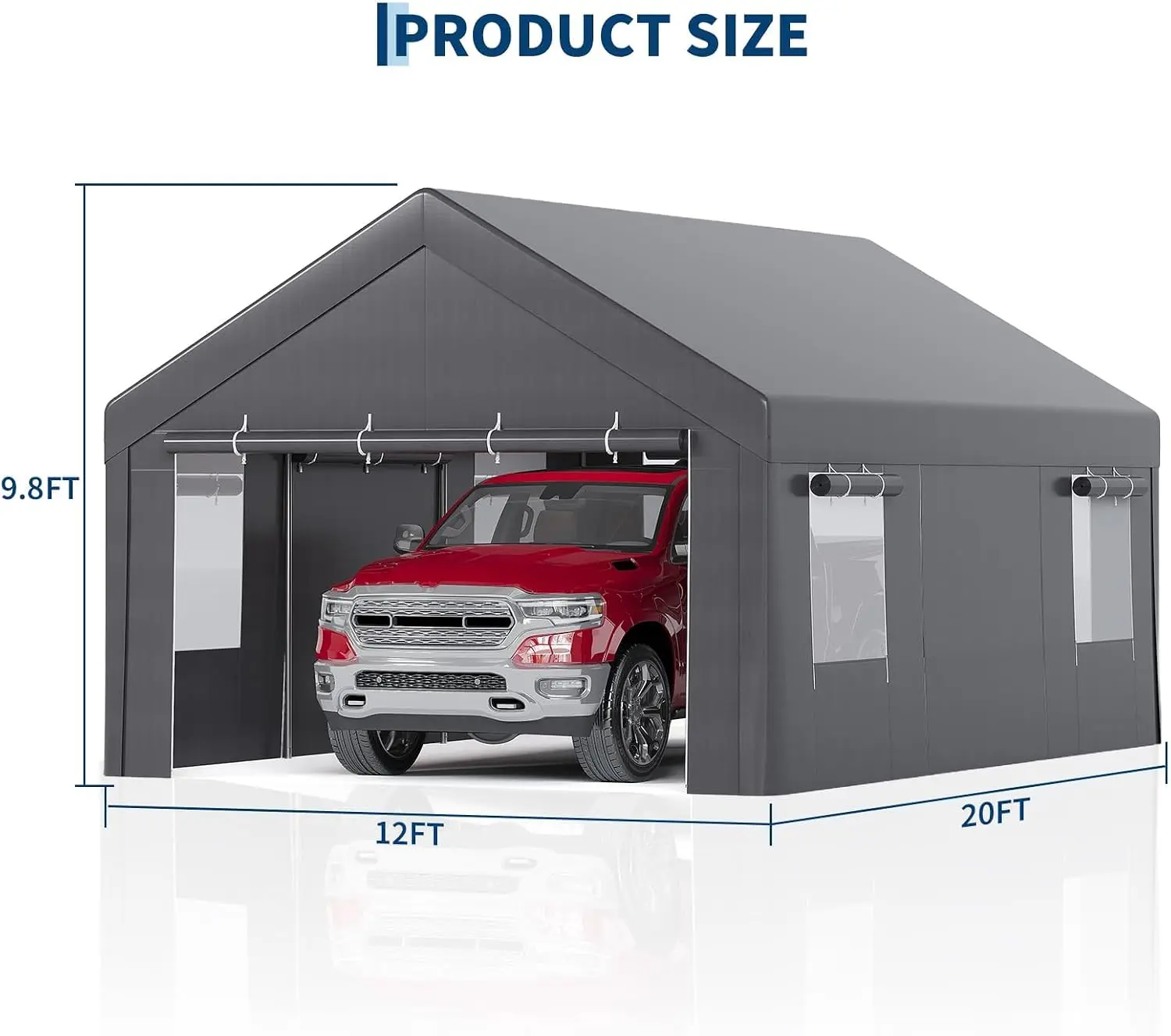 Gray 12x20 FT Portable Carport Tent – Heavy Duty Weatherproof Garage with 4 Roll-Up Doors & 4 Mesh Windows, 140g PE Tarp for Cars, Trucks, Boats, RVs