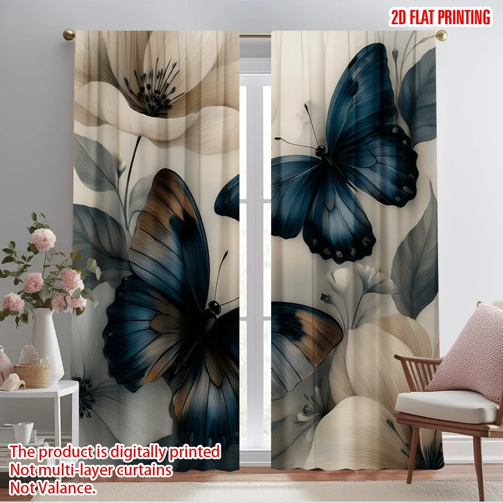 

2pcs 2D flat printing Drapes Deep Blue Butterflies Floral Polyester Without Electricity Party Decorations for Holiday Portraits