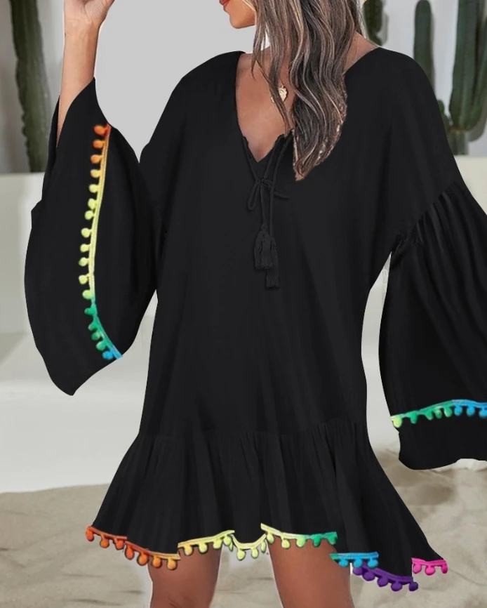 Women's Sweet Dress 2025 Spring Summer Latest Colorblock V-Neck Bell Sleeve A Line Tassel Mini Dress Vacation Dress Short Skirt