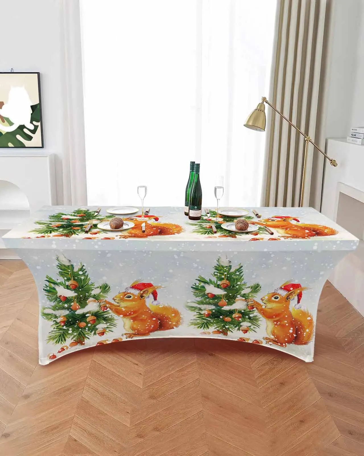 Christmas Tree Squirrel Snowflake Watercolor High Stretch Tablecloth Wedding Party Decor Table Cover Outdoor Table Cloth