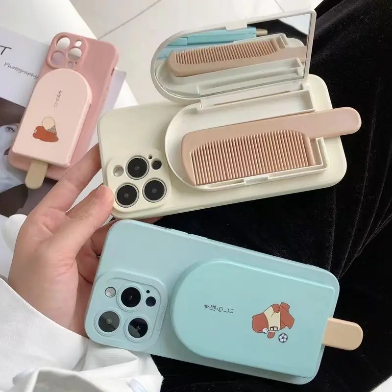 

Phone Case For iphone 15 14 13 12 11 8 7 X XS XR Mini Pro Max Plus New INS Creative Plain Protective Cover With Mirror Comb