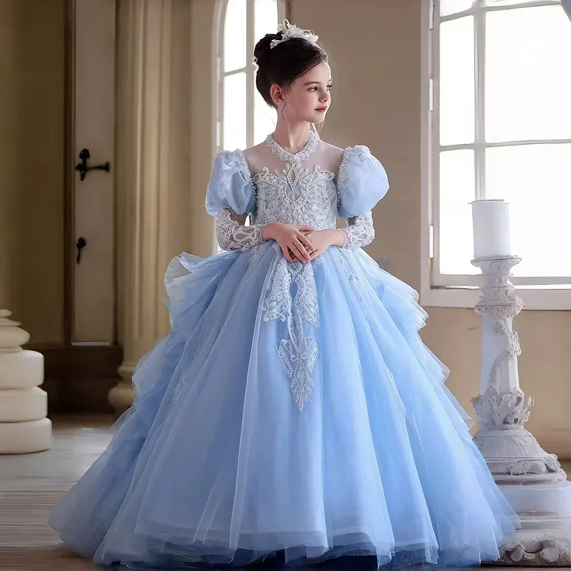 European Style Light Luxury Beauty Pageant Dress Hand-beaded Lace Binding Waist Flower Girl Dress Multi-layer Lotus Leaf Mesh