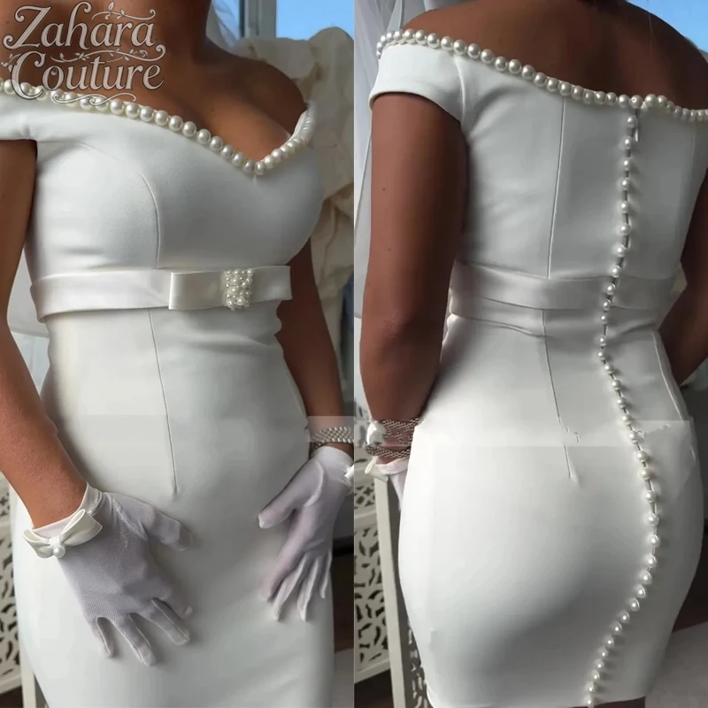 Zahara Customized Sheath Evening Dress Women Pearl Off Shoulder V-Neck Column Cocktail Gown Ivory Short Formal Party Dress Mini