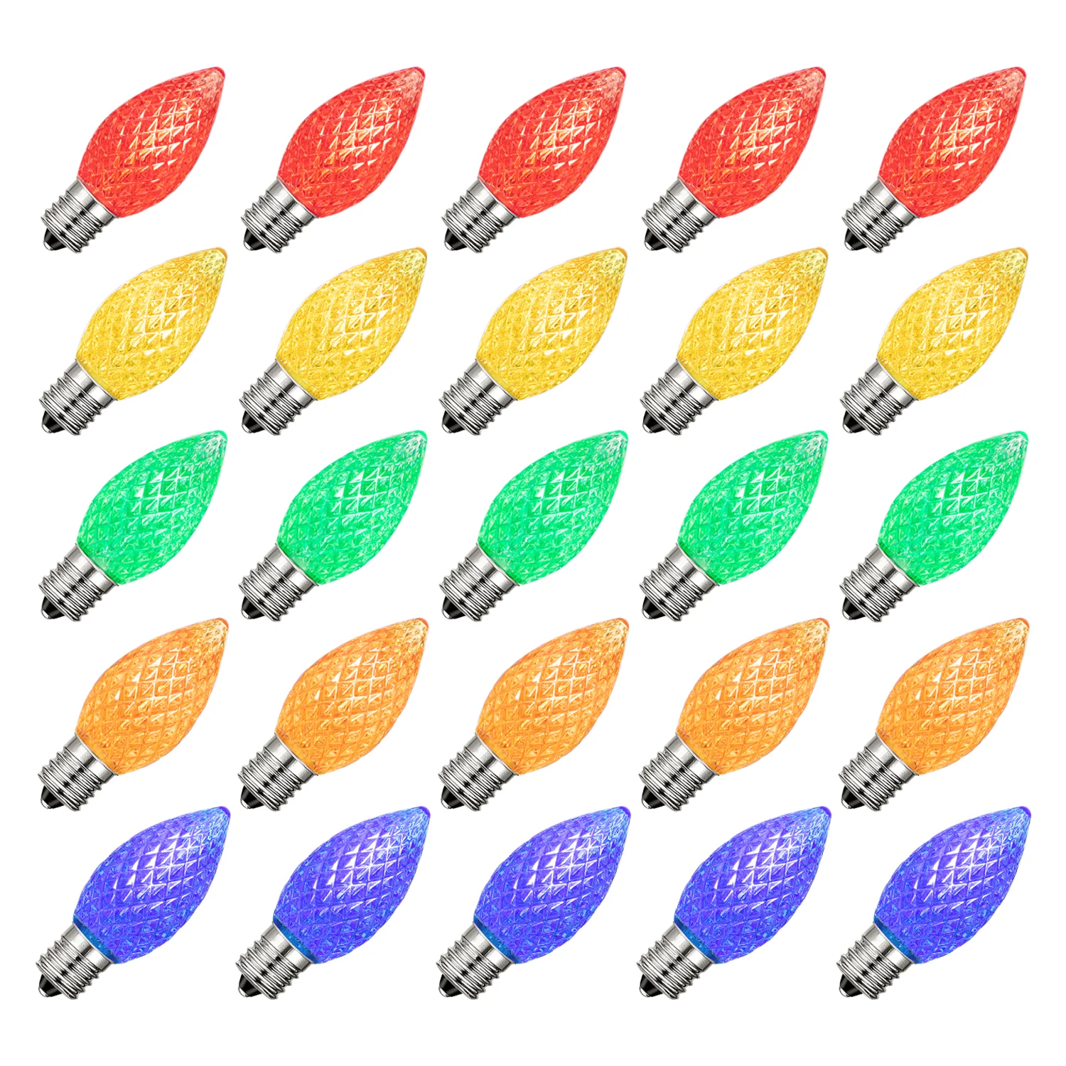 25Pack Multicolor C7 Christmas Led Light Bulbs Faceted Plastic Shatterproof Party Garden Outdoor Decor String Light Replace Bulb