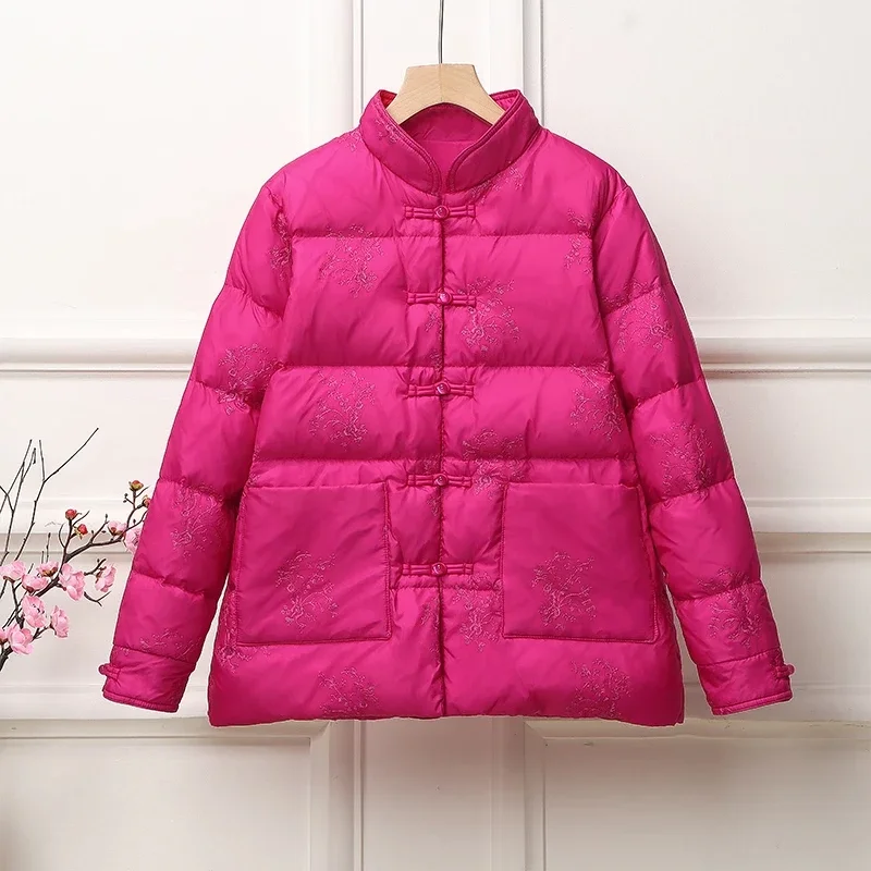 2025 Autumn Winter Retro Ultra Light White Duck Down Jacket Women Stand Collar Warm Puffer Coat Female Short Outwears