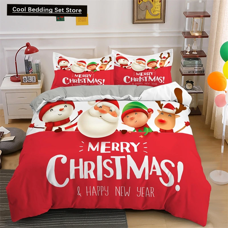 

Merry Christmas King Queen Bedding Set Santa Claus Snowman Comforter Cover Christmas Tree Duvet Cover Red Polyester Quilt Cover