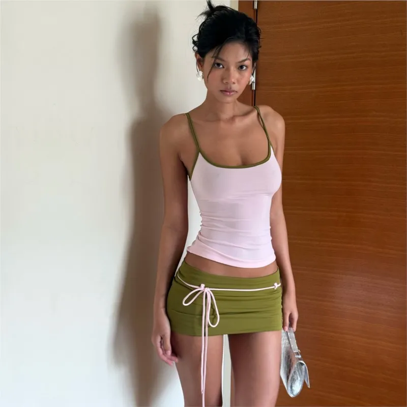 Summer Casual Sexy 2 Pieces Set For Woman Lace-up Short Skirt Set Camis Hot Girl Style Contrast Package Hip Leace-up Outfits