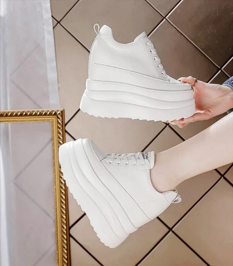 Women 13cm Genuine Leather Platform Wedge Flats Shoes Chunky Sneaker Casual Comfy High Spring Autumn Vulcanize Shoe