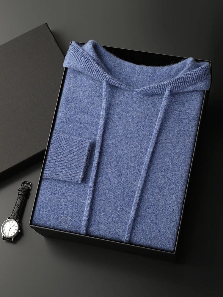 Autumn Winter Men's Sweater Loose Thicken Hooded Pullover 100% Cashmere Casual Knitwear Soft Single wear Fashion Priming Tops