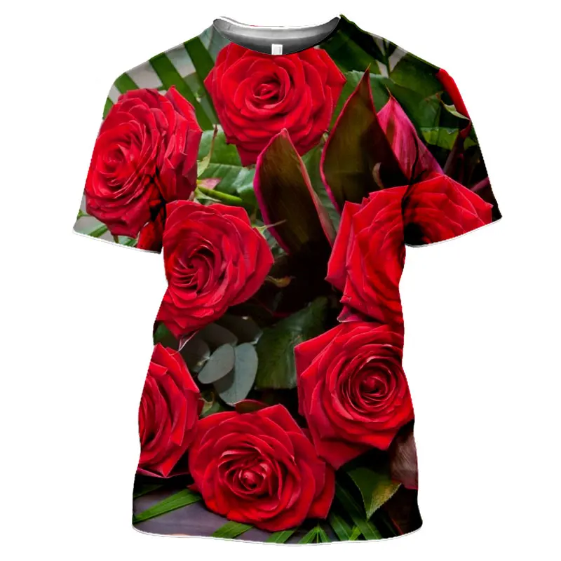 Summer Fashion Rose Flower graphic t shirts For Unisex 3D Printed Personality Colorful Pattern Round Neck Short Sleeve Tees Tops