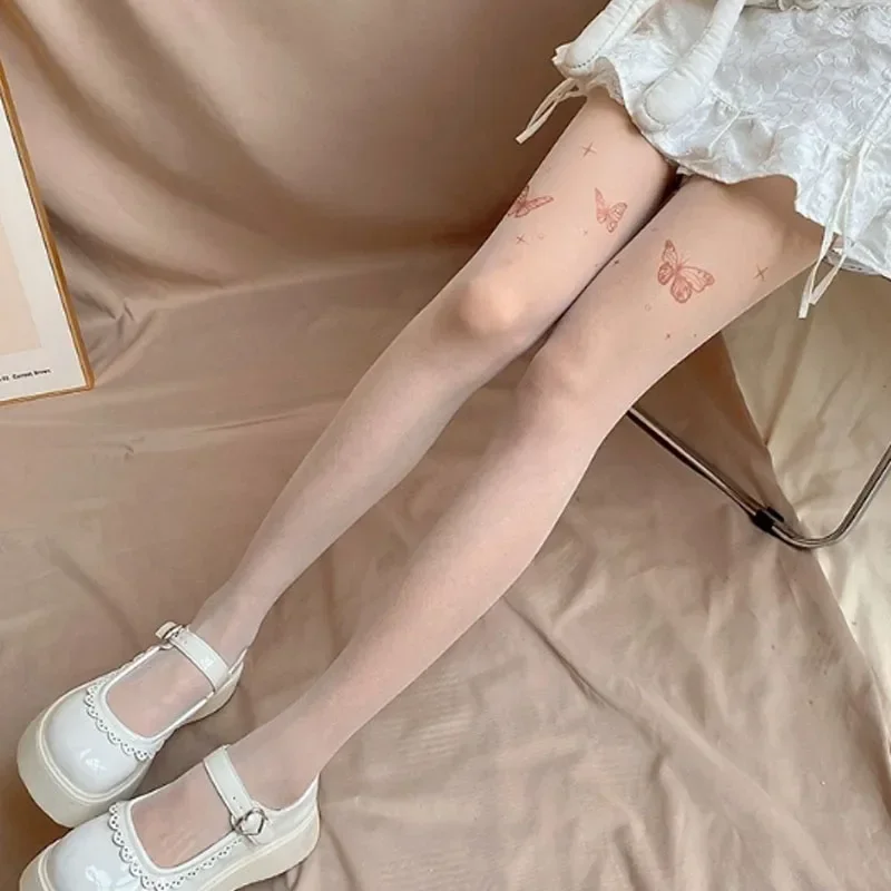 Y2k meias de cor de pele para mulheres borboleta vermelha coxas meias lolita tatuagem impressa borboleta fashionstockings