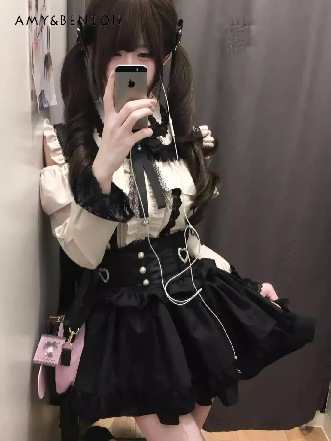 

Original Japanese Girly Mass-produced Outfit Sweet Cute Bow Off-shoulder Long-sleeved Slim-fit Shirt Mini Skirt Two Piece Sets