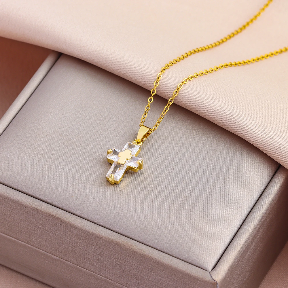 Sparkly Zirkon Kristall Kreuz Anhänger Halsketten Für Frauen Trendy Weibliche Edelstahl Hals Kette Schmuck Mädchen Party Geschenk