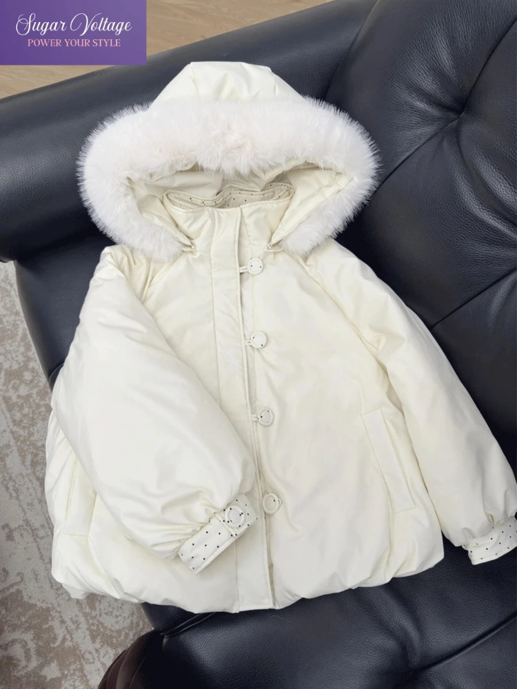 

Корейская модная куртка-пуховик с капюшоном для женщин, свободного кроя, в горошек, на молнии, с теплым меховым воротником, зимнее пальто, винтажная, элегантная, повседневная одежда