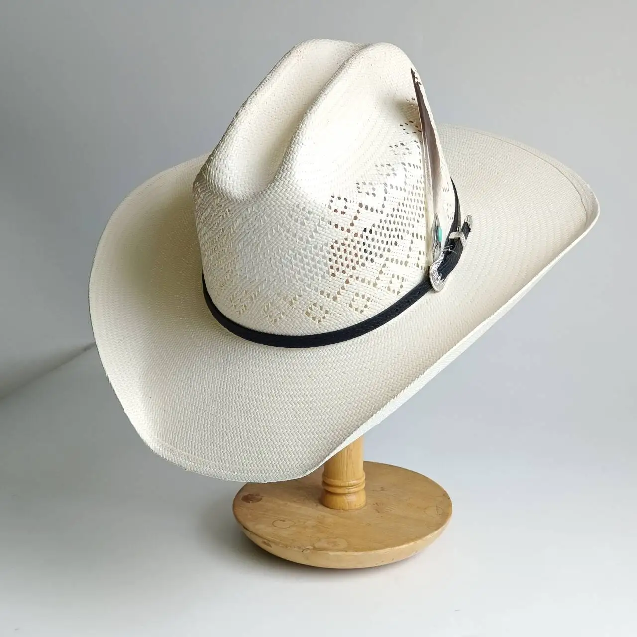 Straw Cowboy hat Turquoise Feather Accessory with large brim hard plasticity cowboy outdoor summer sun protection Ranch Hat