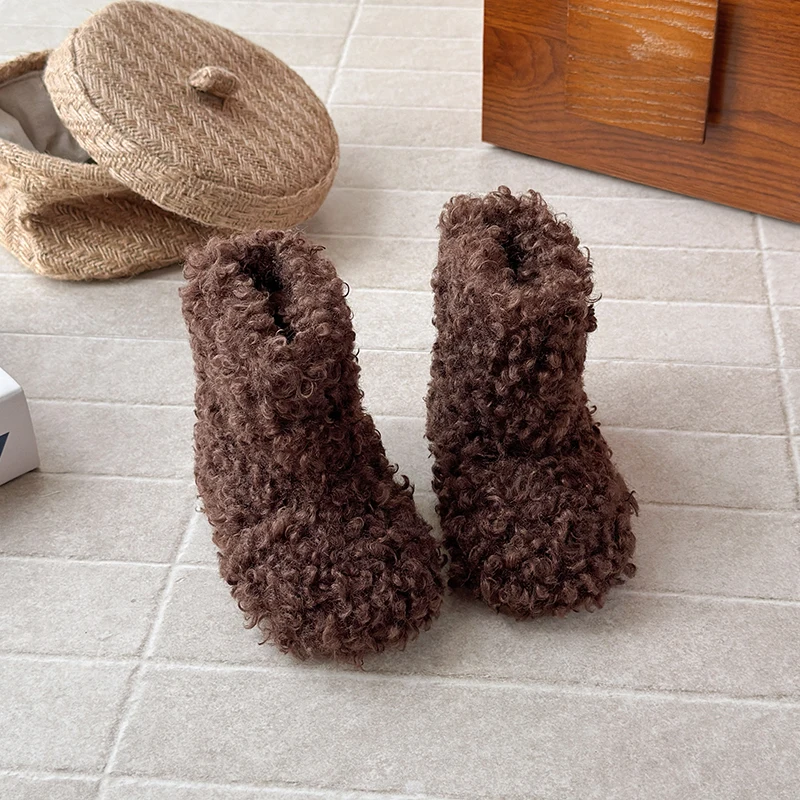 الفاخرة سميكة تيدي الفراء الأحذية طفلة رقيق الدافئة أفخم الجوارب الشتاء العلامة التجارية حذاء طفل صغير مصمم جولة تو الأحذية القطنية