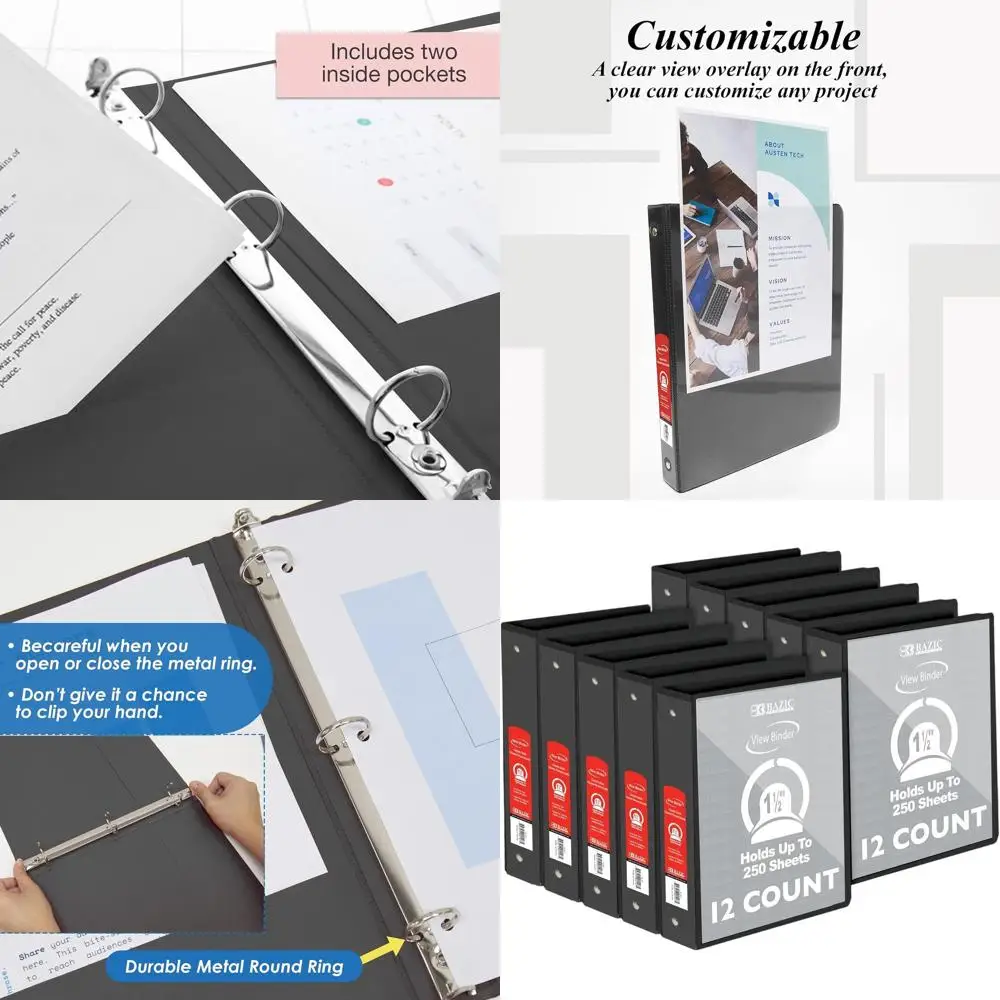 

1.5-inch Black Economy Binder with Clear Cover, Holds 250 Sheets, 12-Pack for School and Office Use