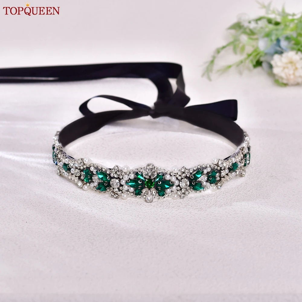 TOPQUEEN الأخضر حجر الراين زهرة شكل حزام الزفاف الزفاف وصيفه الشرف الخصر مجوهرات حفلة موسيقية حدث خاص حزام ملابس S442
