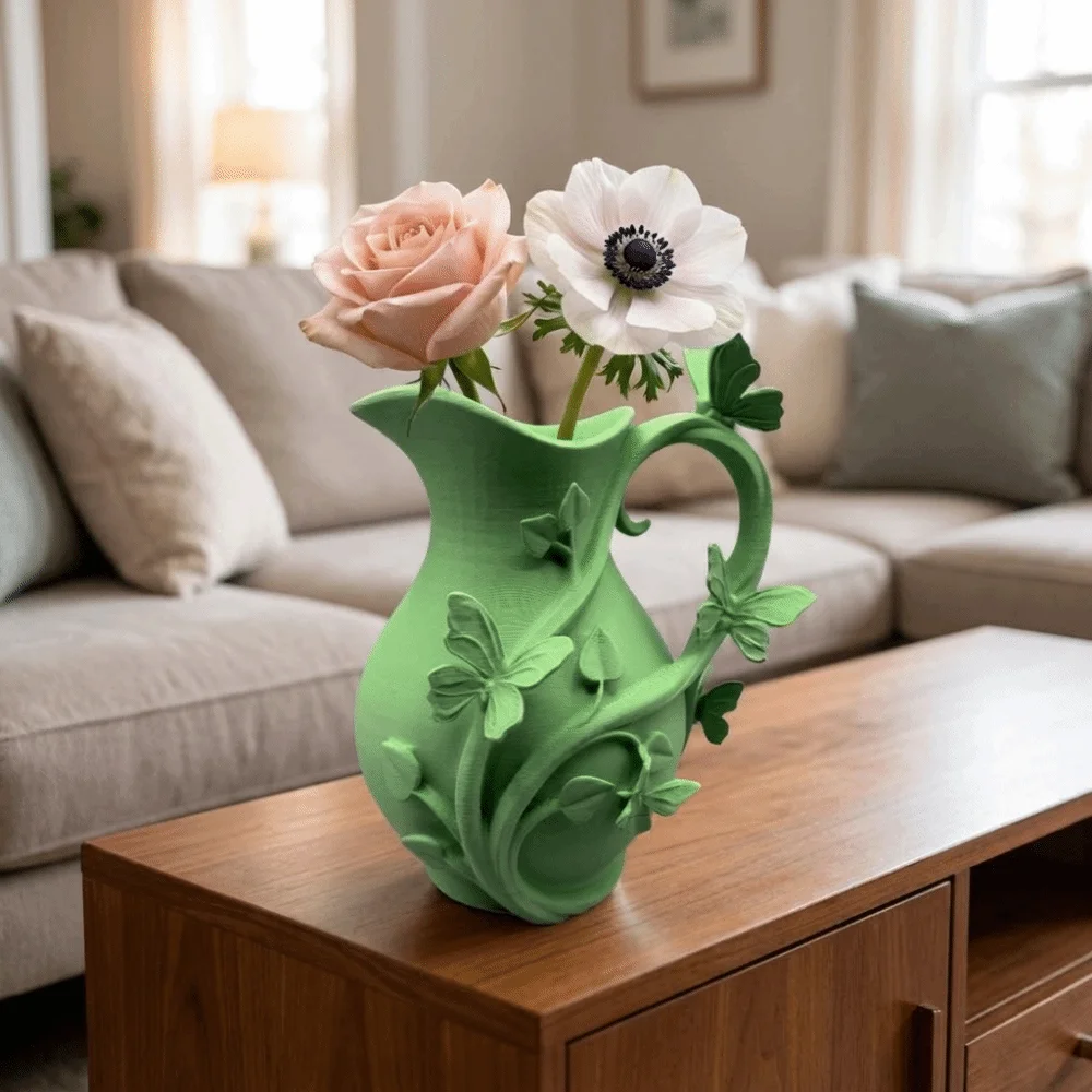Elegant 3D Butterfly Relief Vase Matte Finish with Handle 3D Embossed Vase Decorative Pitcher‑Shaped Flower Vase Living Room