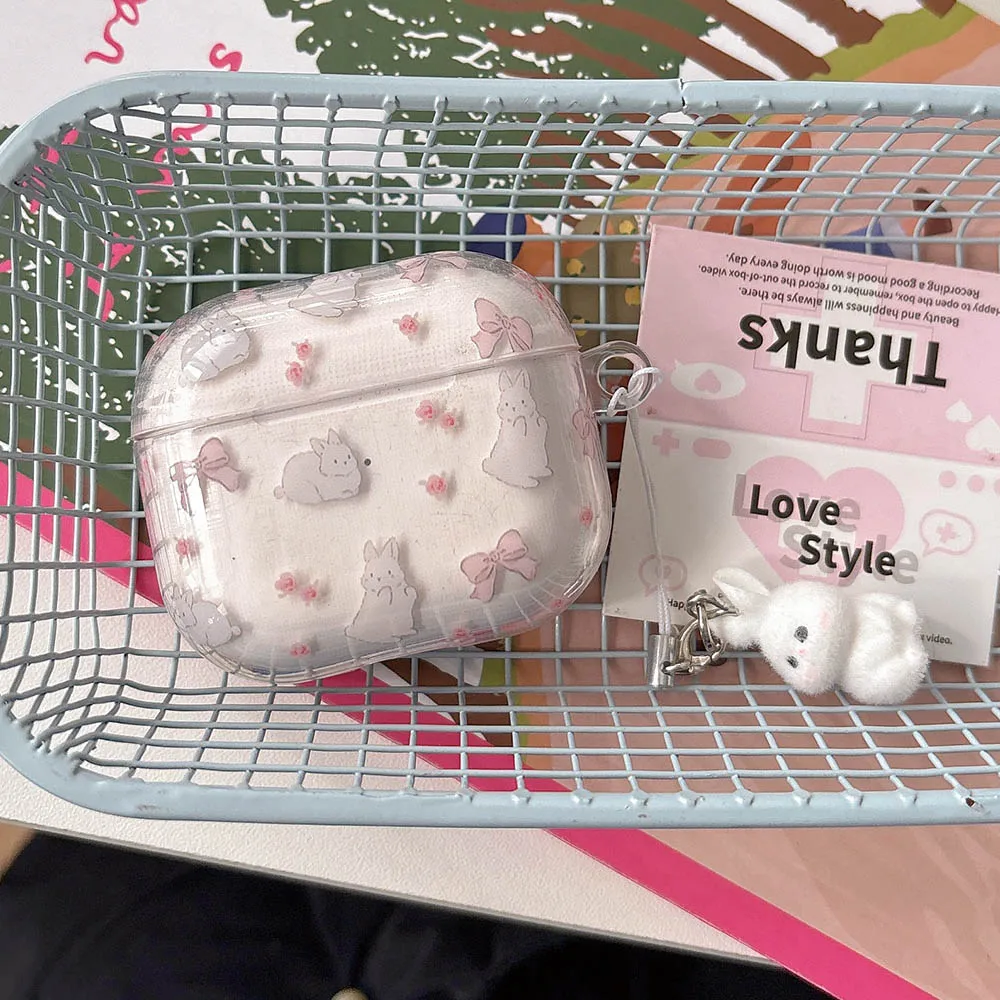 Transparent Bow Rabbit Pattern Case for the AirPods 5 1/2 AirPods3 Airpods4 ANC AirPods Pro Pro2 with Rabbit Keyring Soft Covers