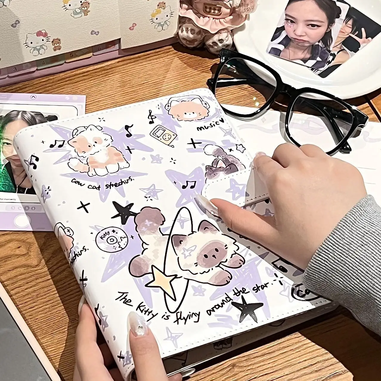 Stars & Cat PU Leather A5 Card Binder Waterproof Kpop Photo Album Idol Collecting Book 3inch Photocard Holder Korean 포카 바인더