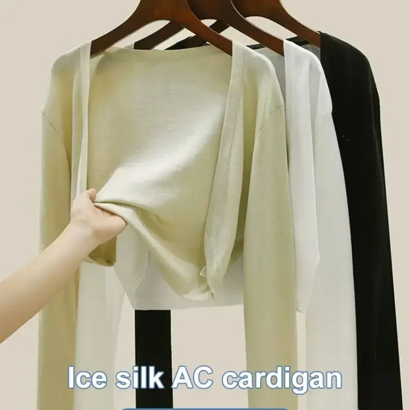 Ice Silk Cardigan Air Conditioning Shirt Cape Elegant Long Sleeve Bolero Sun Shading Cardigans Cropped Shawl Mujer Chic Outwear