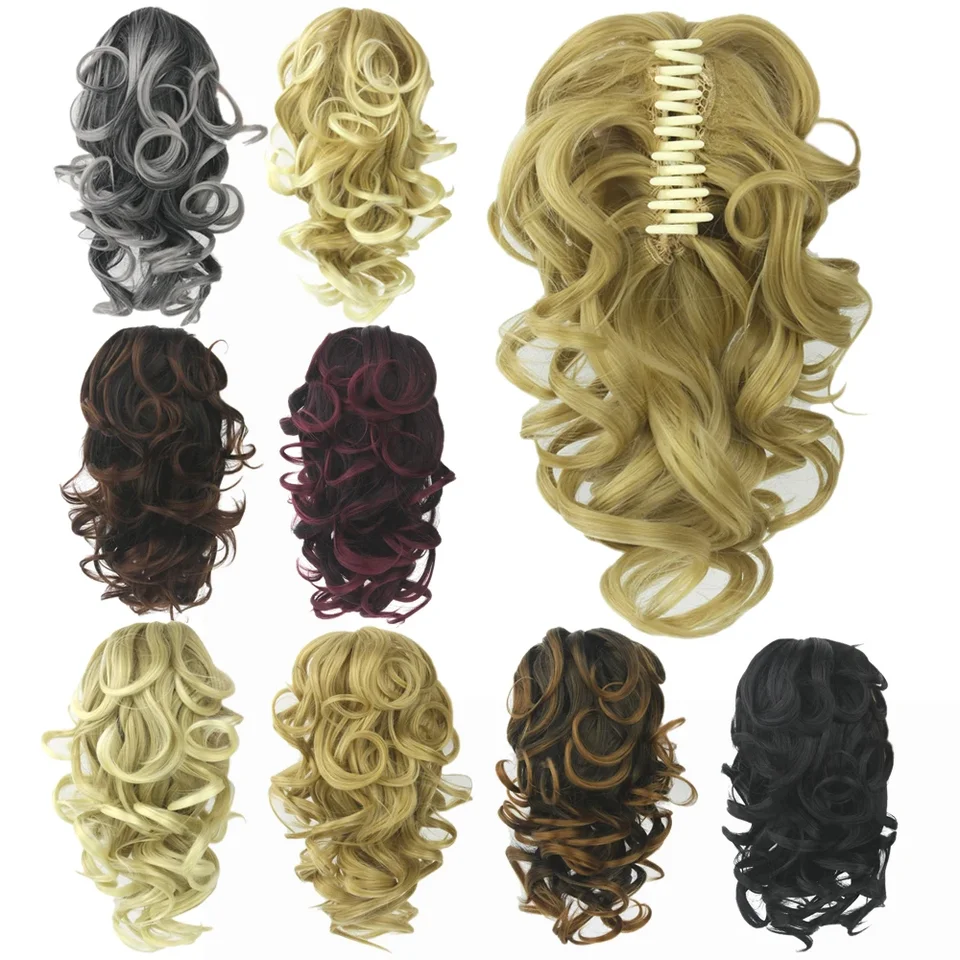 Soowee, cabello sintético corto y rizado, negro a burdeos, clip, cola de caballo pequeña, postizo con clips