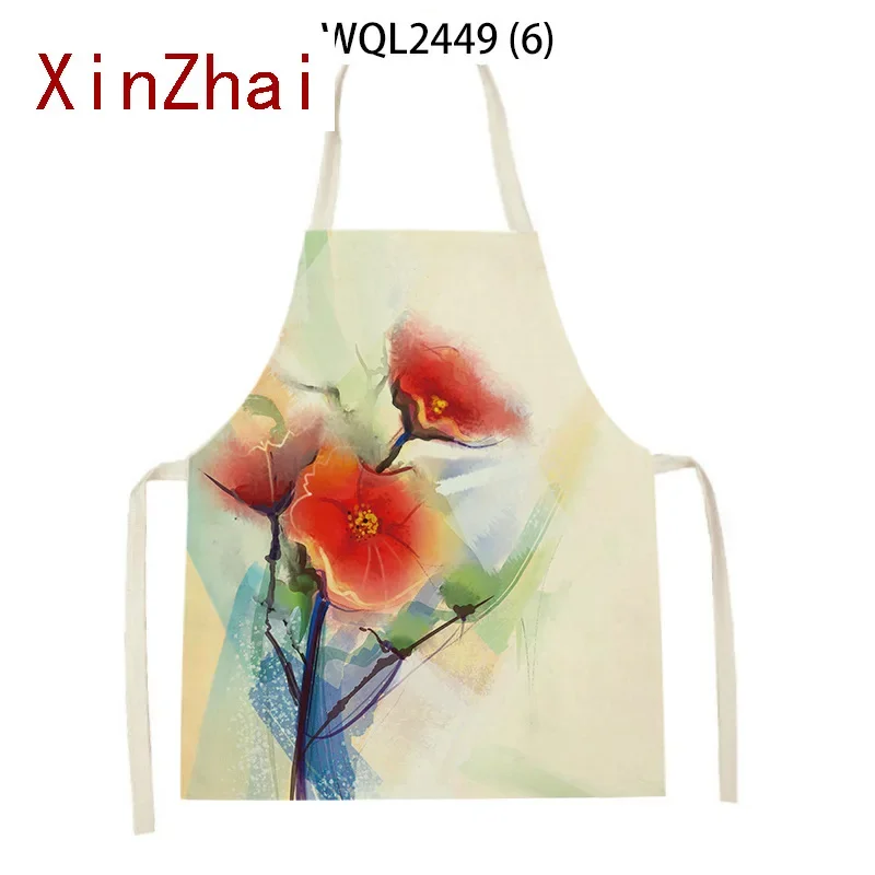 Oil Painting Flower Bird Pattern Linen Hand Wiping Waist Apron Home Decor Kitchen Apron Cleaning Coffee Workwear Tablier Enfant