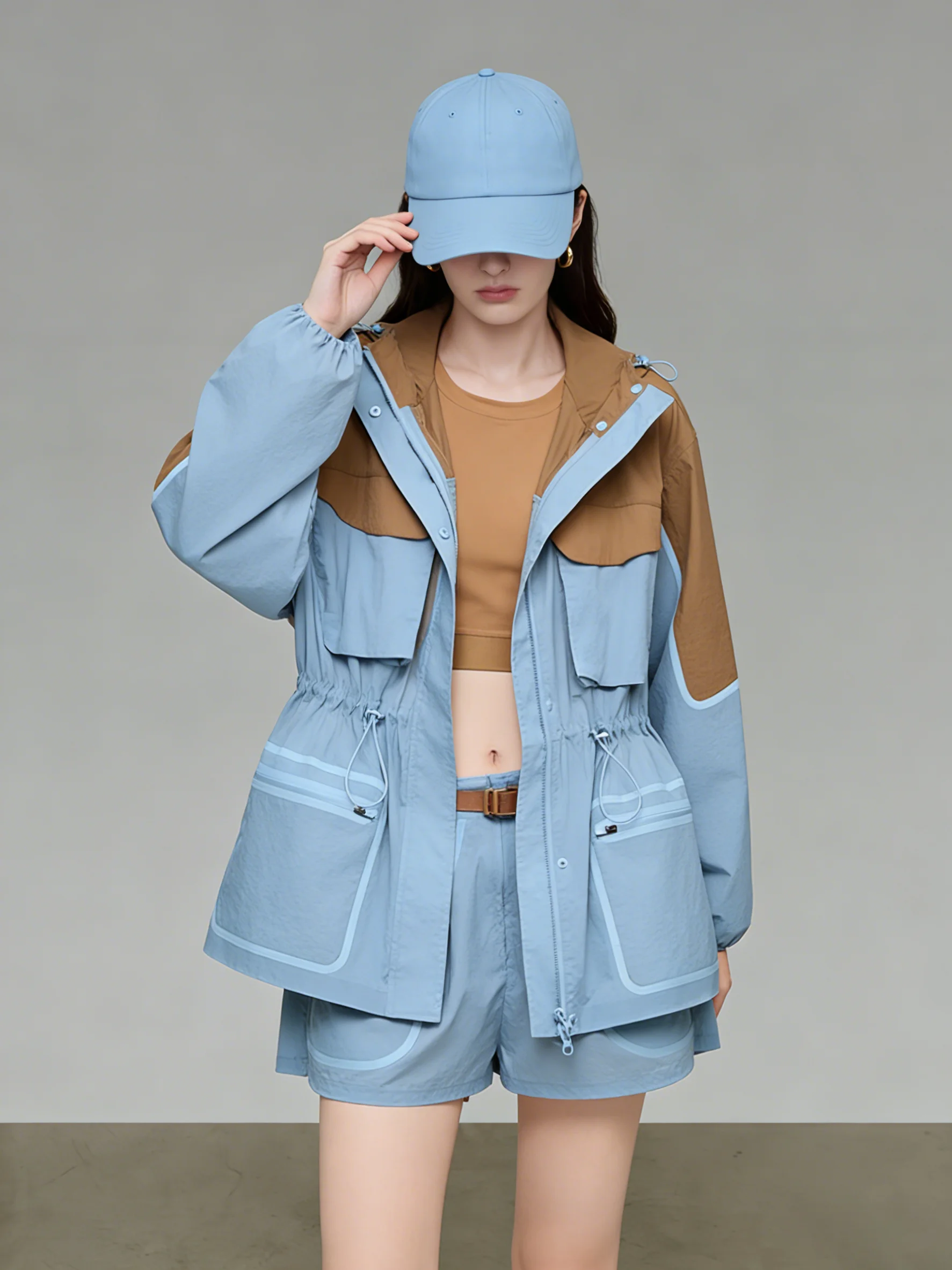 

Spring Workwear Style Blue Brown Color Block Jacket Shorts Set High Waist Loose Fit Casual Look Zipper Closure Long Sleeve