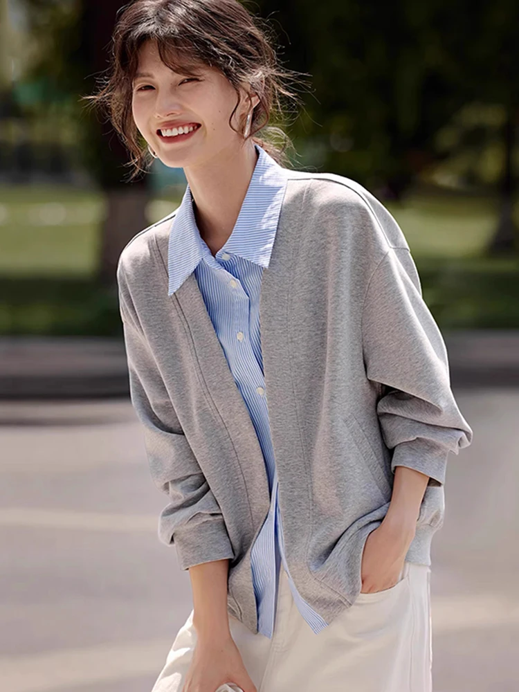 한국 슬레 스플라이스 니트 스웨터 여성용 가을 신상 고급 감각 안티에이징 오픈 가디건 다용도 여성 상의