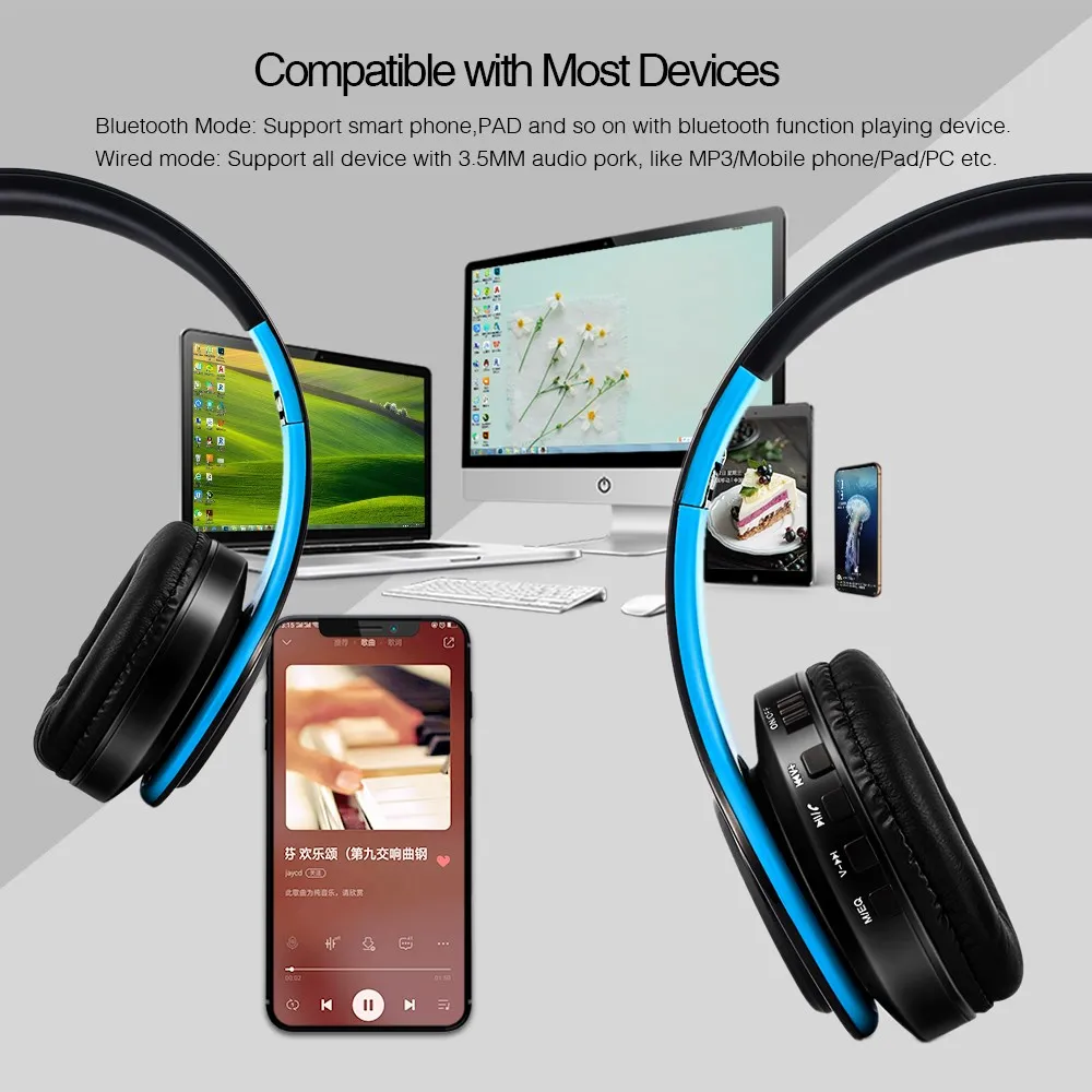 Cinque colori cuffie senza fili Bluetooth cuffie Stereo cuffie supporto scheda SD con microfono per Xiaomi Iphone Sumsamg Tablet