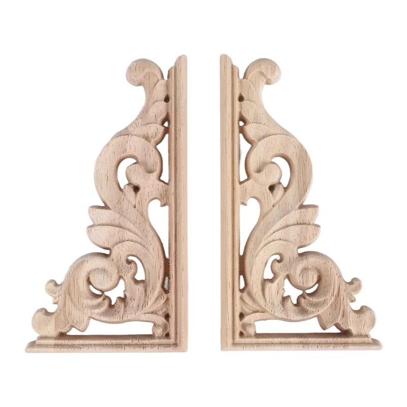 2Pcs Left+Right(Each 1Pcs) Vintage Wooden Carved Corner Onlay Furniture Wall Decor Unpainted Frame Applique-AT35