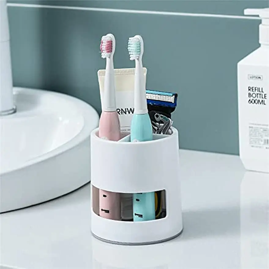 Toothbrush Holder Plastic Toothpaste Holder 4 Compartments Electric Spin Toothbrush, Floss, Razor, Makeup Brush and Pen