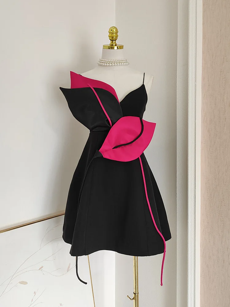Vestidos de tirantes ajustados con retazos de flores en 3D, vestido negro sin mangas de primavera para mujer, minivestido camisola de cintura alta con cremallera para verano