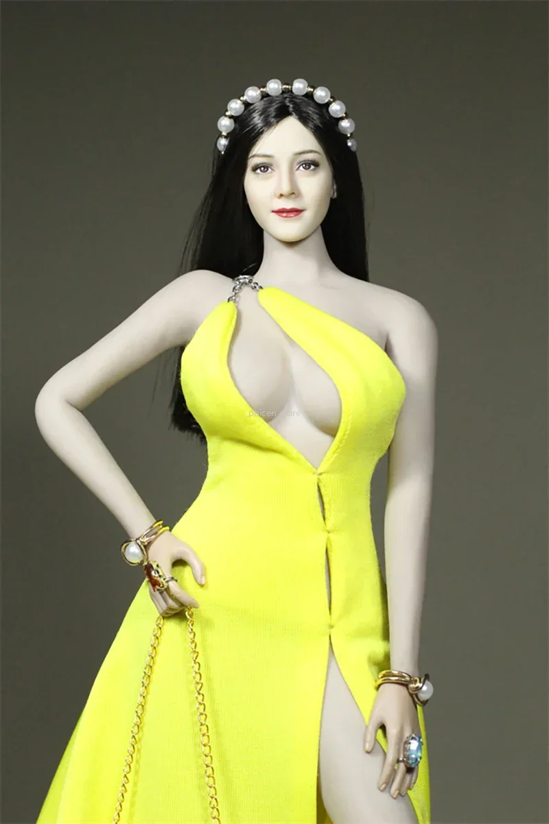 1/6 Scale Female Soldier Yellow High Slit Gown Dress for 12in Phicen JIAOUL Doll Body Action Figure Toys Accessories