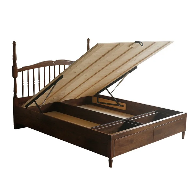 North American black walnut solid wood French retro storage bed, cherry wood log antique double drawer double bed