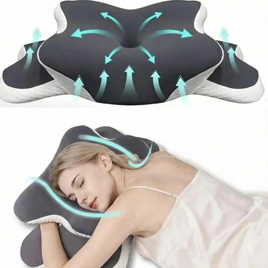 Ergonomic Memory Foam Butterfly Neck Pillow With C-Shaped/Dual Height Adjustment, Transparent Protective Cover Support, Suitable