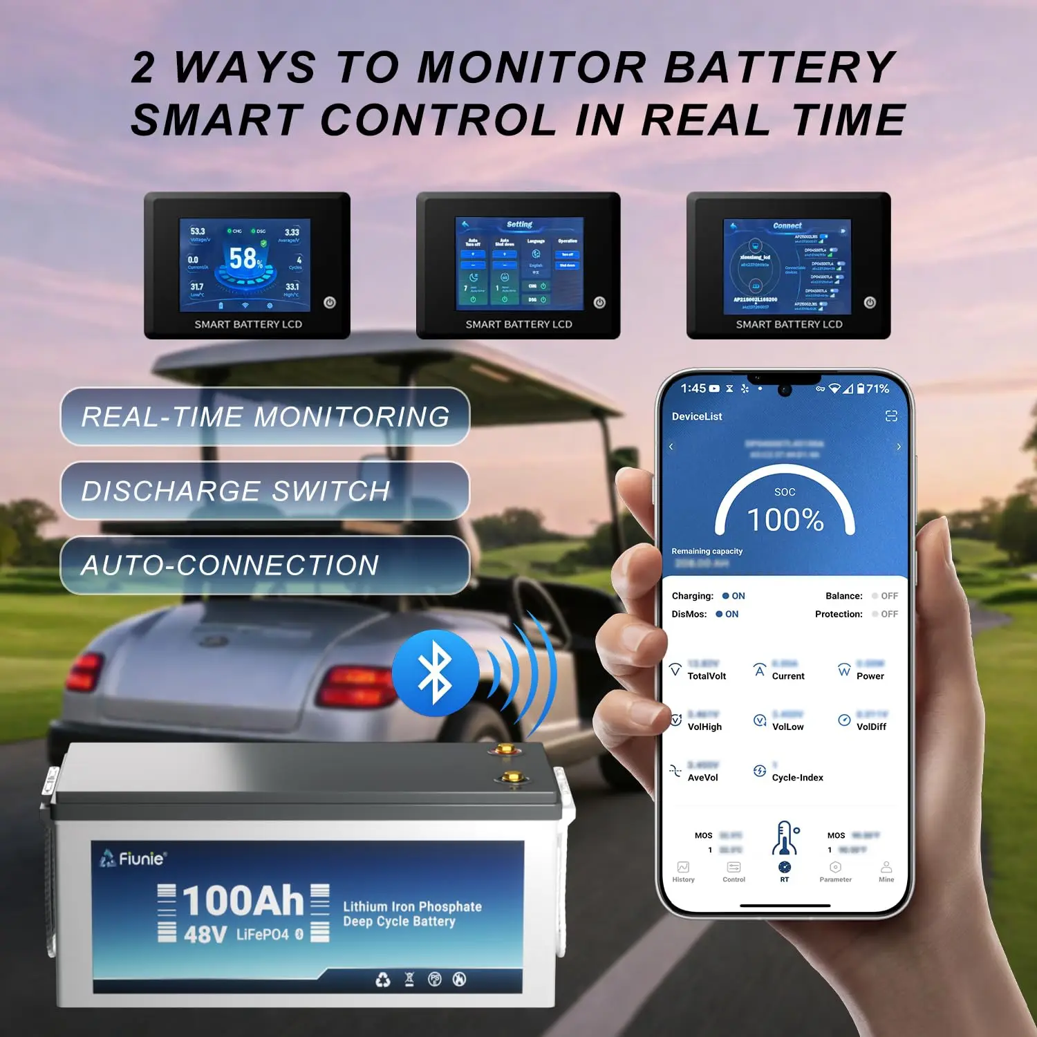 

48V 100Ah LiFePO4 Golf Cart Battery Kit, LCD, 200A BMS, 18A Charger, 10.24kW Output for Club Car EZGO, Custom