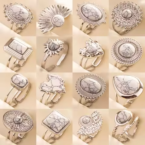 Chic Bohemian White Turquoise Statement Silver Color Ring Stainless Steel Opening Adjustable Boho Ring Jewelry Gifts Never Fade