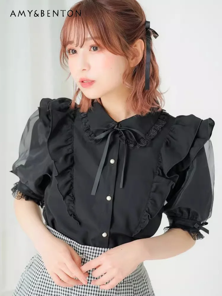 

Japanese Sweet Cute Lapel Ruffled Mesh Stitching Bow Puff Sleeve Blouse Women Summer New Mine Kawaii Slim Lolita Chiffon Shirt