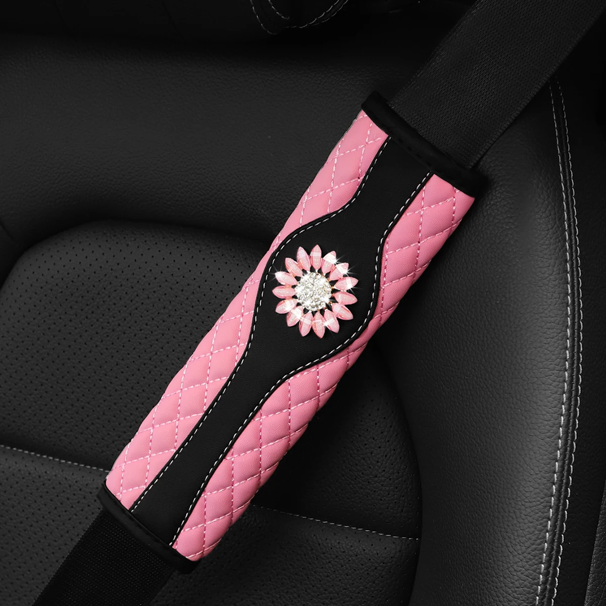 1 Kunstfell-Schafleder, bestickt, atmungsaktiv, mit Diamanten besetzte Blumen, glitzernder Autositzgurt, 9,05 Zoll, Autozubehör für Damen