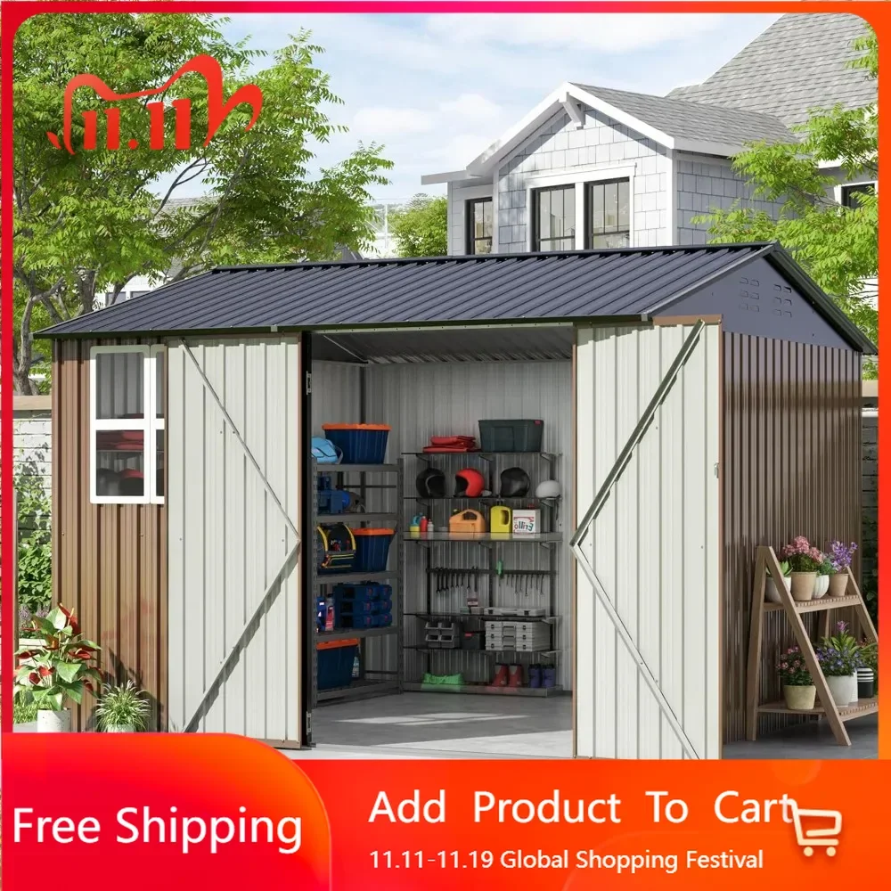 10x10 feet outdoor storage shed, updated frame structure and lockable doors, backyard garden terrace lawn garden shed, brown