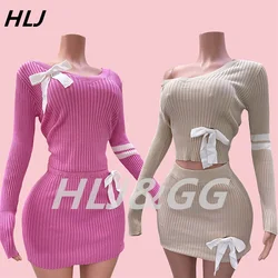 HLJ Sweet Bow Knitting Two Piece Sets Women V Neck Long Sleeve Slim Top And Mini Skirts Outfits Fashion Solid Stretchy Clothing