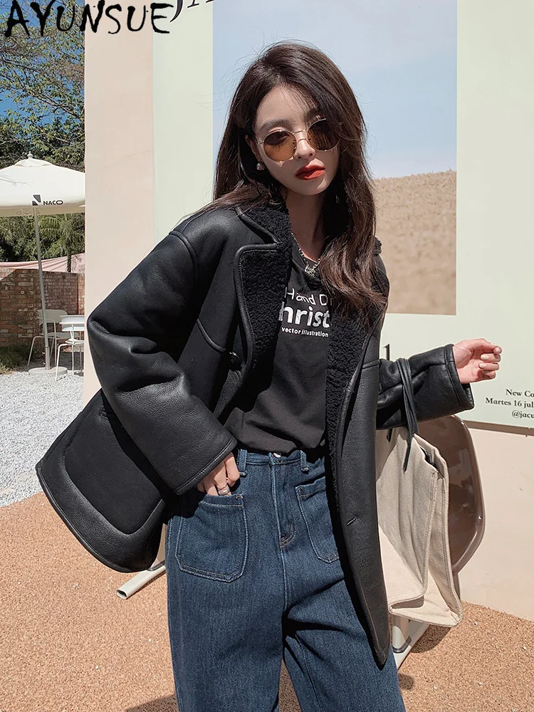 AYUNSUE 2025 신상 시어링 코트 여성 중간 길이 100% 천연 양털 코트 여성 의류 고품질 털 코트 아브리고 무헤르