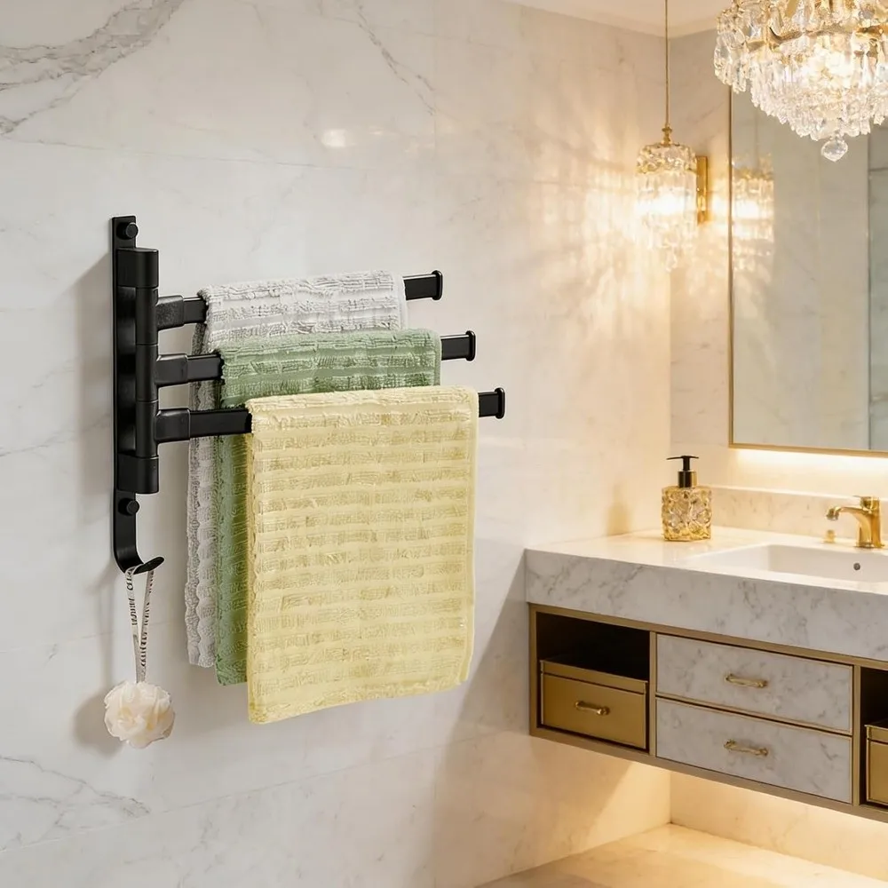 Aluminum Wall Mounted Towel Rack No Drill Installation Swing Arm Rotating Towel Holder Foldable Black Towel Bar